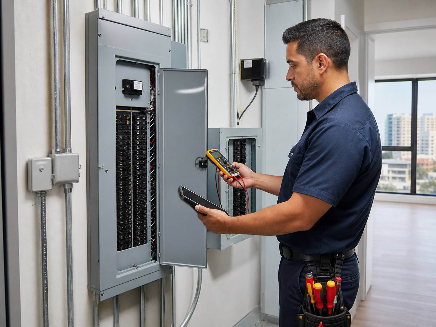 Electrician checking a residential multi-unit electrical panel in a Los Angeles condo utility room