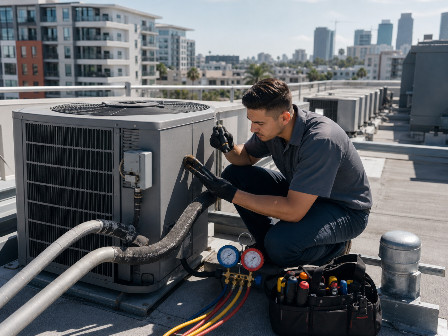 Technician inspecting rooftop HVAC equipment for a Los Angeles condo building