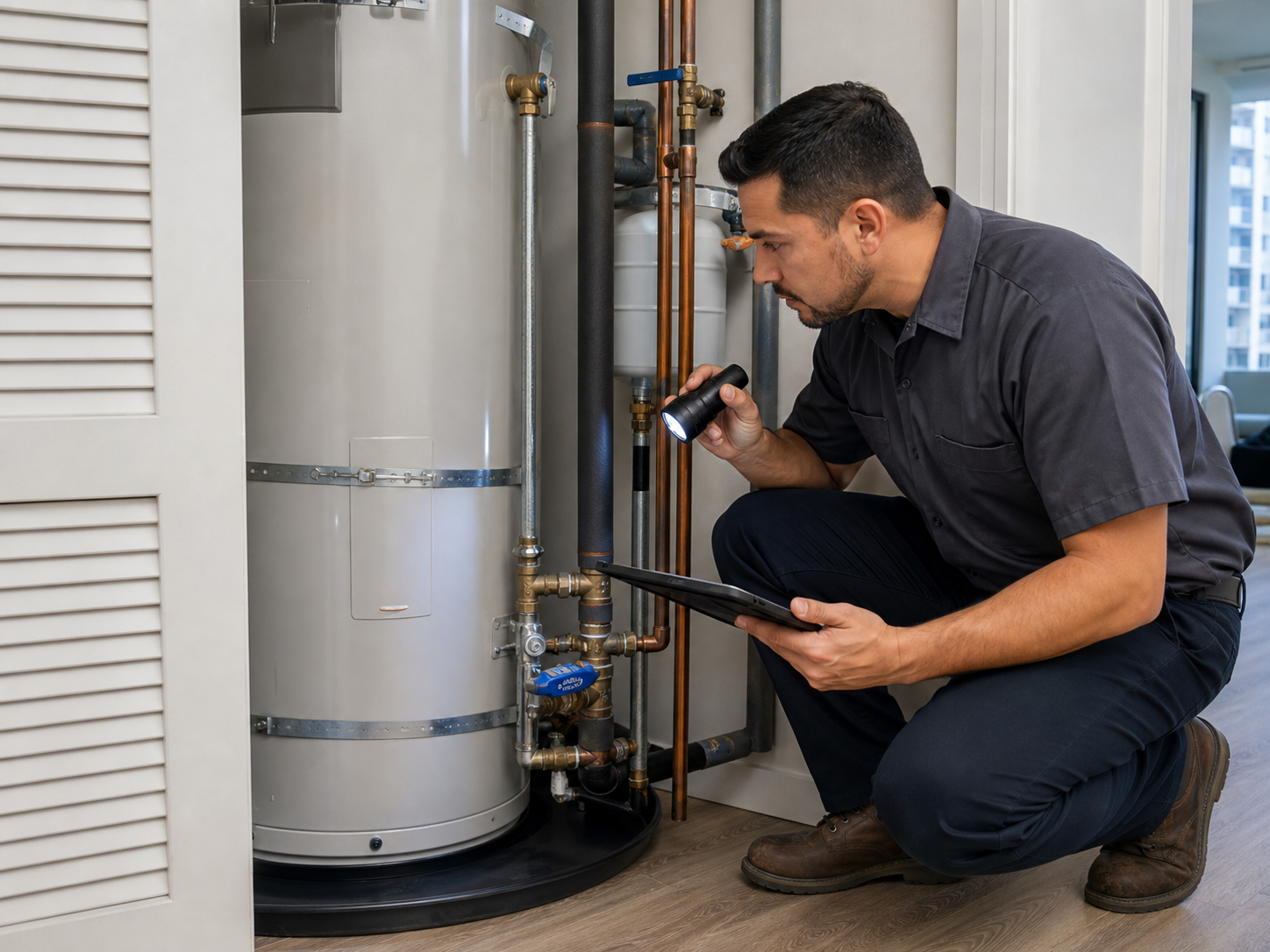 Plumber inspecting a water heater and shutoff valve in a compact Los Angeles condo utility closet
